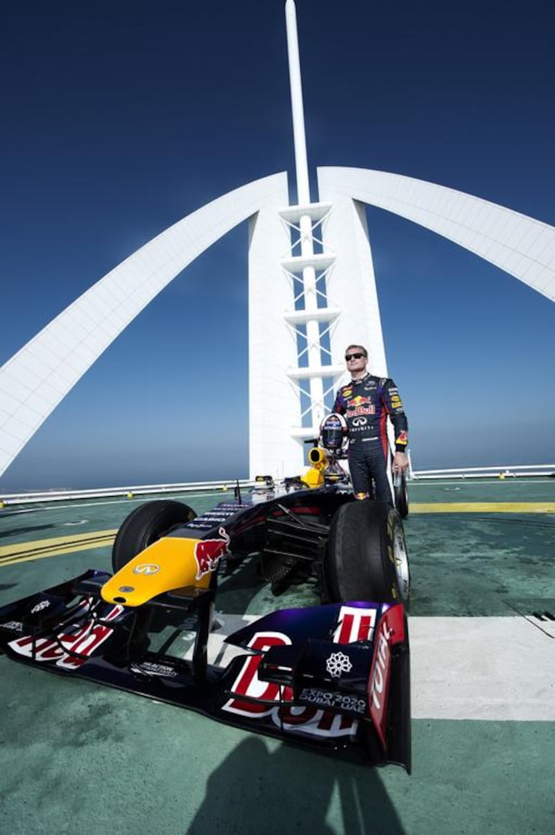 David Coulthard poses for a portrait during the Seven Star Spin at the Burj Al Arab Helipad in Dubai. Naim Chidiac/Red Bull Content Pool 