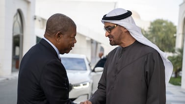 President Sheikh Mohamed, right, greets Joao Lourenco, President of Angola, at Al Bateen Palace. Photo: UAE Presidential Court