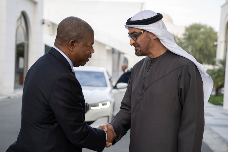 President Sheikh Mohamed, receive Angolan President Joao Lourenco at Qasr Al Bateen. Photo: UAE Presidential Court
