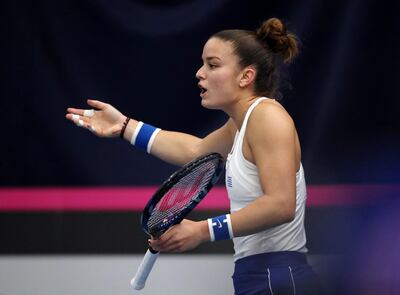 Tennis - Fed Cup - Europe/Africa Group I - Pool A - Great Britain v Greece - University of Bath, Bath, Britain - February 7, 2019   Greece's Maria Sakkari reacts during her match against Great Britain's Johanna Konta   Action Images via Reuters/Peter Cziborra