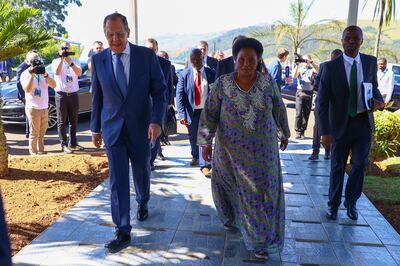 Russian Foreign Minister Sergey Lavrov meets his Eswatini counterpart Thuli Dladla in Mbabane. AFP 
