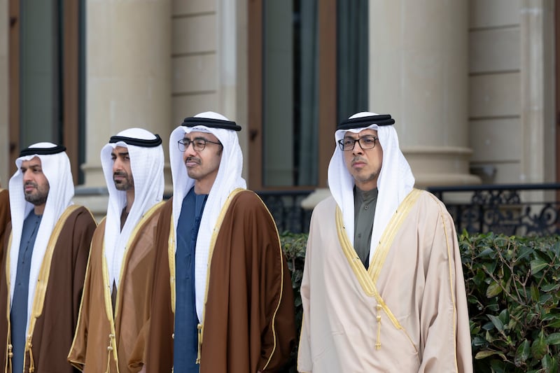 Sheikh Mansour bin Zayed, Vice President, Deputy Prime Minister and Chairman of the Presidential Court, Sheikh Abdullah bin Zayed, Minister of Foreign Affairs, Sheikh Hamdan bin Mohamed, and Sheikh Mohammed bin Hamad, Adviser for Special Affairs at the Presidential Court, attend an official reception hosted by President Aliyev at Zagulba Presidential Residence