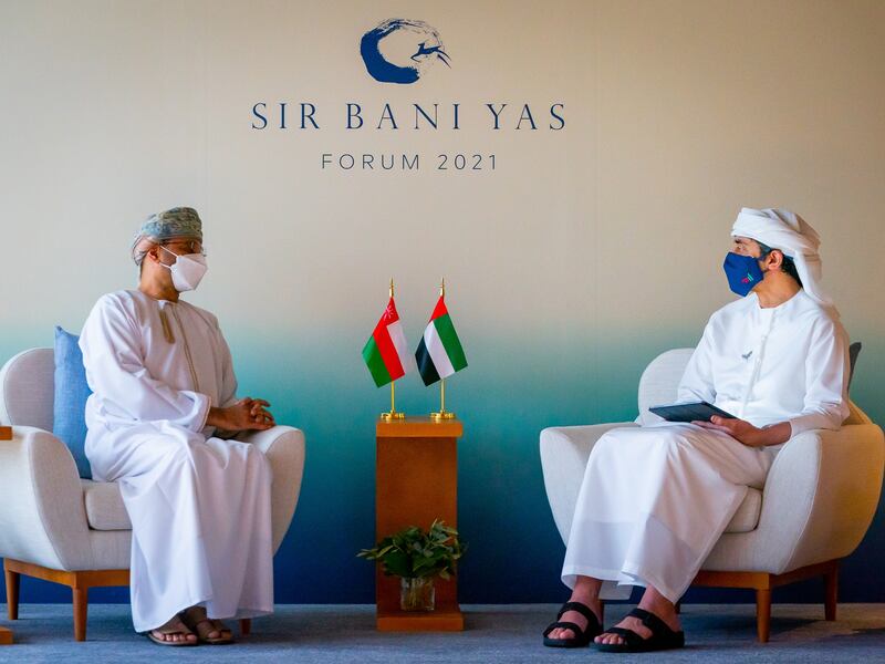 Sheikh Abdullah bin Zayed, Minister of Foreign Affairs and International Co-operation (right) receives Omani Foreign Minister Sayyid Badr Al Busaidi. Photo: WAM