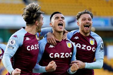 Aston Villa's Anwar El Ghazi, centre, celebrates scoring their winner from the penalty spot. Reuters
