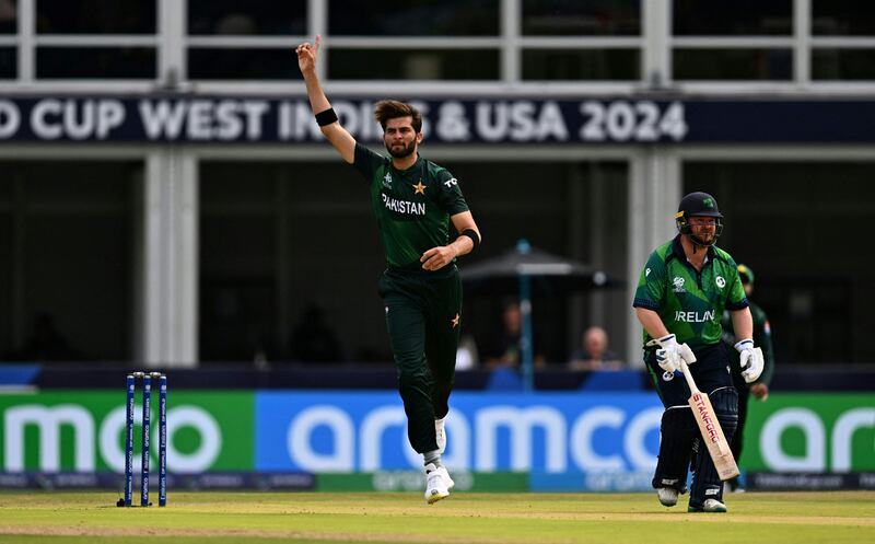 Pakistan's Shaheen Afridi celebrates after he clean bowled Ireland's Andy Balbirnie. AFP