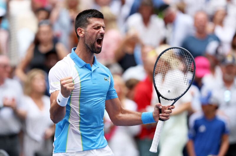 Novak Djokovic celebrates his straight sets victory over Taylor Fritz in the quarter-finals of the US Open. Getty