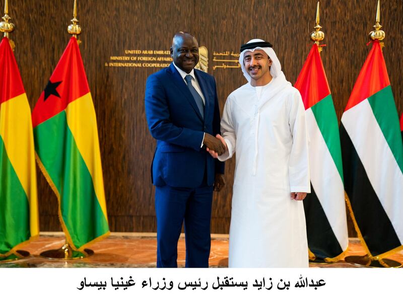 Sheikh Abdullah bin Zayed, Minister of Foreign Affairs and International Co-operation, receives Aristides Gomes, Prime Minister of Guinea-Bissau