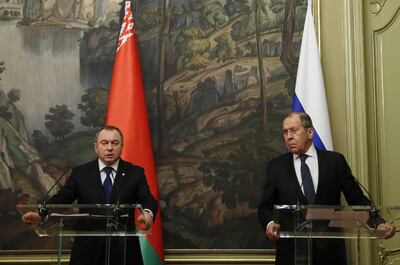 Belarusian Foreign Minister Vladimir Makei (left) and his Russian counterpart Sergei Lavrov at a meeting in Moscow. EPA 