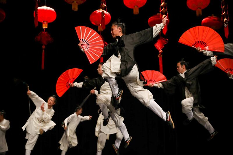 Chinese Wudang wushu group members perform a traditional Kung Fu show to celebrate the Chinese spring festival at the Royal Cultural Centre in Amman, Jordan. REUTERS