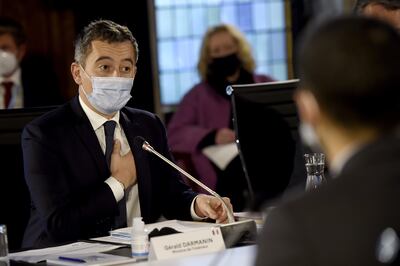 French Interior Minister Gerald Darmanin speaks during a meeting with migration ministers in Calais. EPA 