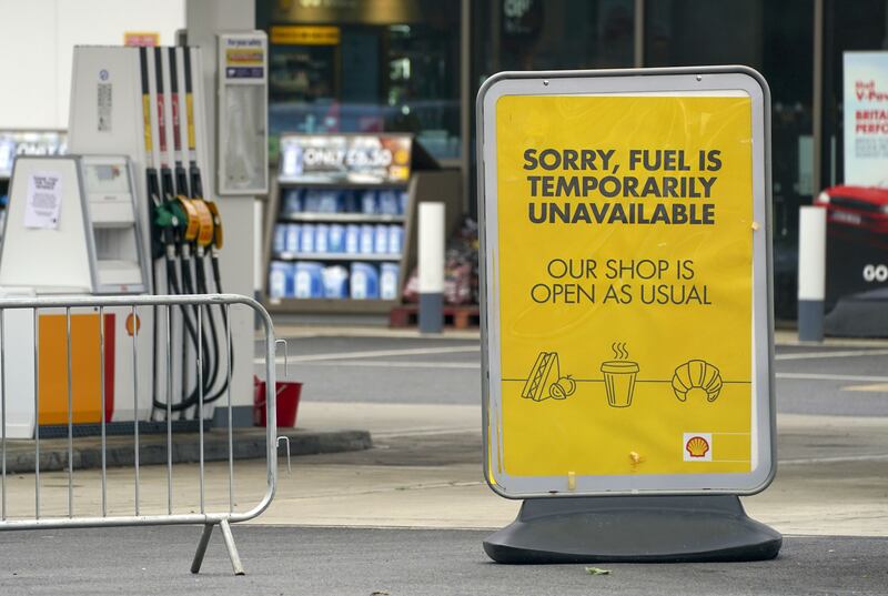 A 'no fuel' sign on the forecourt of a Shell petrol station in Reading, Berkshire. While the fuel shortage boosted sales for some petrol stations, others without supplies lost out. PA