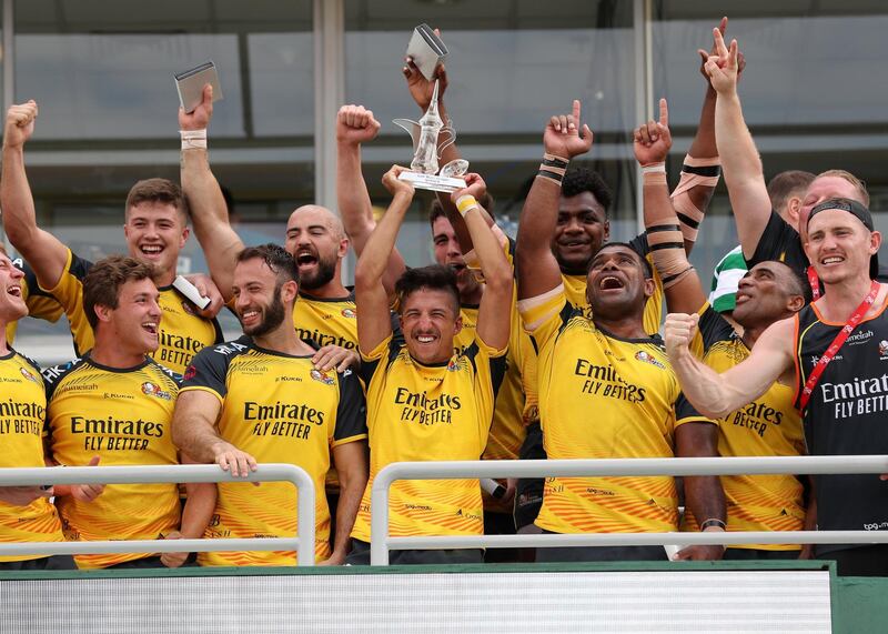 Dubai, United Arab Emirates - December 07, 2019: Hurricanes beat Bahrain in the game between Dubai Hurricanes and Bahrain in the Gulf mens final in the HSBC rugby sevens series 2020. Saturday, December 7th, 2019. The Sevens, Dubai. Chris Whiteoak / The National