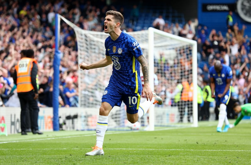 Substitute Christian Pulisic celebrates after scoring the only goal of the game in Chelsea's Premier League win over West Ham United at Stamford Bridge on Sunday, April 24, 2022. Getty