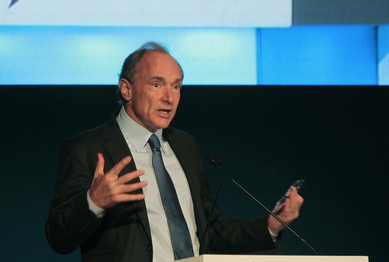 Internet pioneer Sir Tim Berners-Lee addresses delgates at the first Knowledge conference in Dubai. Jeffrey E Biteng / The National 