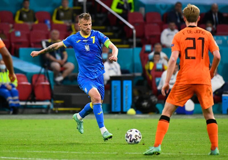Ukraine's Andriy Yarmolenko scores from range in a 3-2 defeat to Netherlands. Reuters