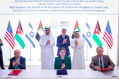A deal was signed in the presence of Sheikh Abdullah bin Zayed, Minister of Foreign Affairs and International Co-operation; Dr Sultan Al Jaber, Minister of Industry and Advanced Technology and Special Envoy for Climate Change; and John Kerry, the US Special Envoy for Climate. It was signed on behalf of the UAE by Mariam Al Mheiri, Minister of Climate Change and the Environment. Photo: Wam