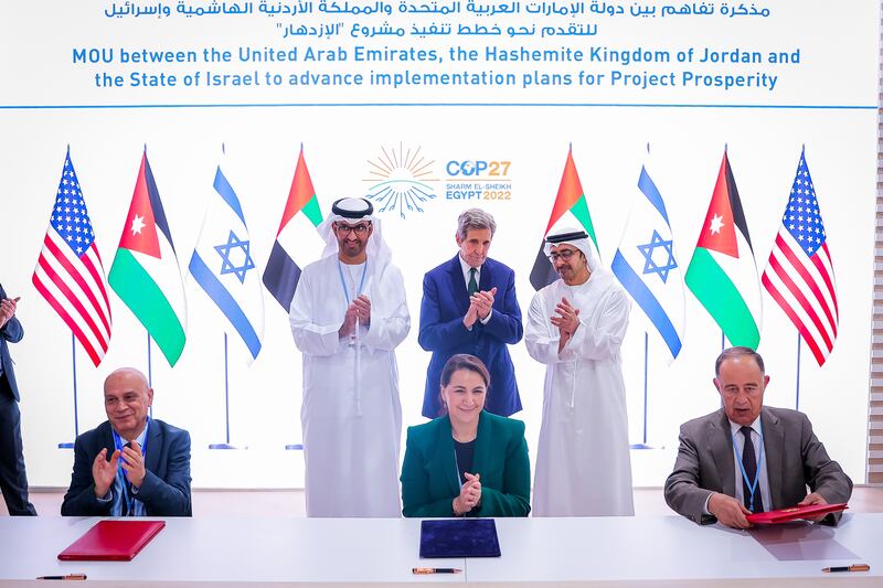 Sheikh Abdullah bin Zayed, Minister of Foreign Affairs and International Co-operation looks on as the UAE, Jordan and Israel sign a deal at Cop27 on advancing clean energy production and sustainable water desalination projects. The signing was also attended Dr Sultan Al Jaber, Minister of Industry and Advanced Technology, Special Envoy for Climate Change as well as John Kerry, US Presidential Special Envoy for Climate Affairs. The deal was signed by Mariam Al Mheiri, Minister of Environment and Climate Change; Mohammed Al Najjar, Jordan's Minister of Water and Irrigation; and Issawi Freij, Minister of Regional Co-operation in Israel. Wam