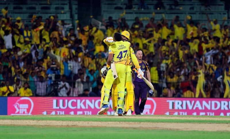 Dwayne Bravo of Chennai Super Kings, back to camera, hugs teammate Ravindra Jadeja after their team won the VIVO IPL cricket T20 match against Kolkata Knight Riders in Chennai, India, Tuesday, April 10, 2018. (AP Photo/Parthi Bhan)