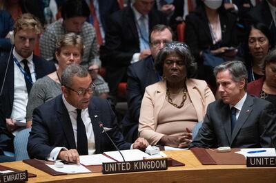 British Foreign Secretary James Cleverly speaks while US Secretary of State Anthony Blinken looks on during a Security Council meeting in New York last month. AFP