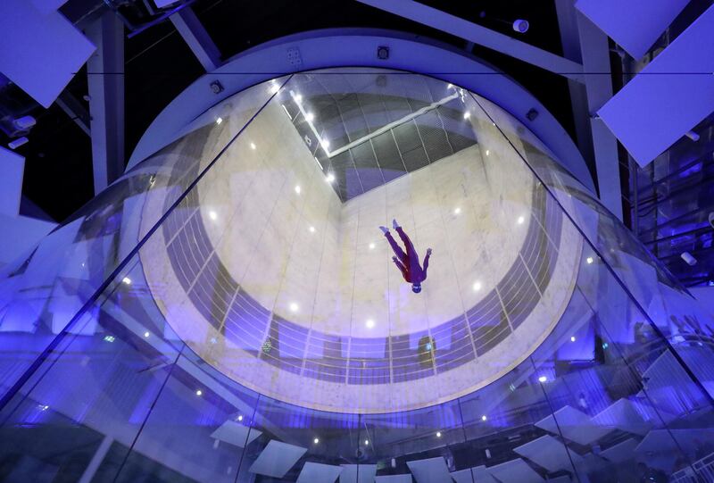 Abu Dhabi, United Arab Emirates - November 28th, 2019: Austrian skydiver Felix Baumgartner. Athletes and famous skydivers as well as climbers will be the first who experience the world's biggest indoor skydiving flight chamber and the world's tallest indoor climbing wall on the opening ceremony of the ultimate indoor adventure venue, Clymb. Thursday, November 28th, 2019. Yas Mall, Abu Dhabi. Chris Whiteoak / The National