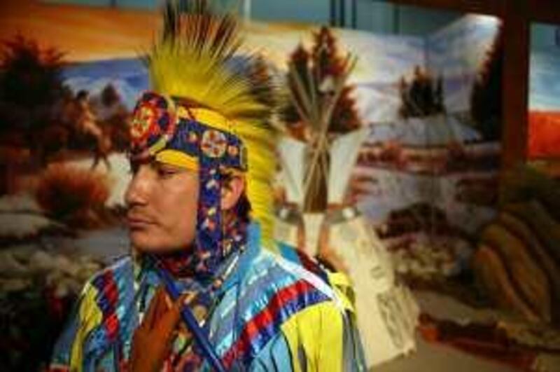 June 29, 2009 / Abu Dhabi / (Rich-Joseph Facun / The National) Delwin Fiddler (CQ), a descendent of the Native American Chief Sitting Bull, poses for his portrait at the Abu Dhabi Exhibition Center, Monday, June 29, 2009 in Abu Dhabi. Fiddler will be performing as part of his indigenous Native American dance troupe, entitled Native Nations Dance Theater, at Summer in Abu Dhabi.  *** Local Caption ***  rjf-0629-nativeamerican004.jpg