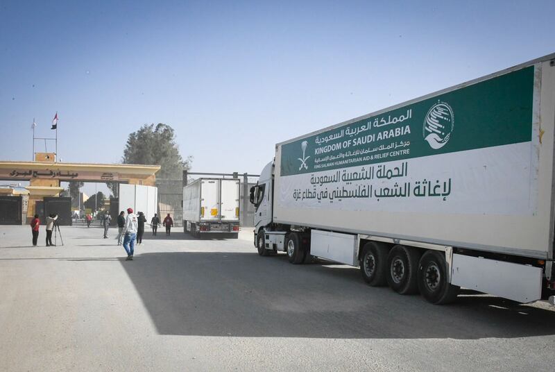 A Saudi relief convoy at the Rafah crossing linking Egypt to Gaza. Photo: KSRelief