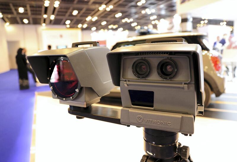 DUBAI , UNITED ARAB EMIRATES , December 5  ��� 2018 :- Speed cameras on display at the Vitronic stall at the Gulf Traffic conference held at Dubai World Trade Centre in Dubai. ( Pawan Singh / The National ) For News. Story by Patrick