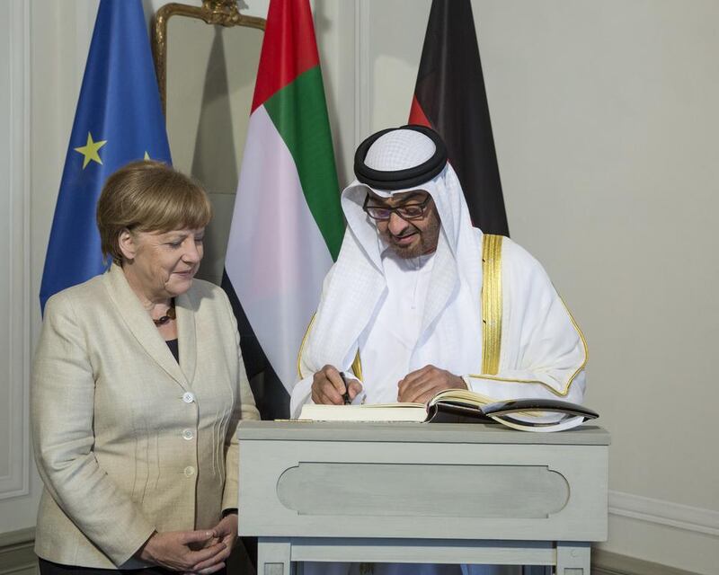 Sheikh Mohammed bin Zayed with Angela Merkel. Ryan Carter / Crown Prince Court — Abu Dhabi