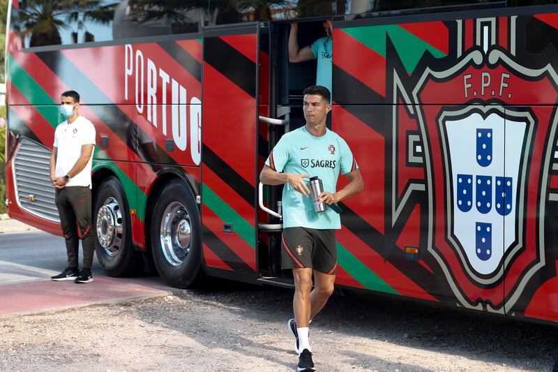 Cristiano Ronaldo arrives for a training session in Almancil, Faro, south of Portugal. EPA