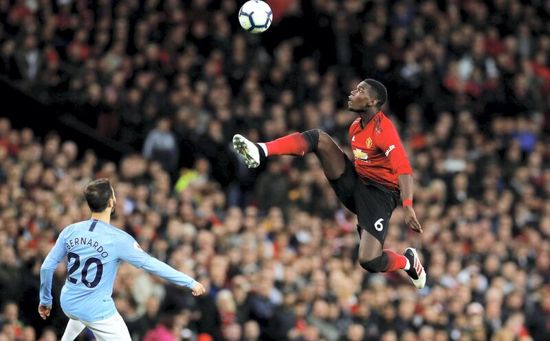 Soccer Football - Premier League - Manchester United v Manchester City - Old Trafford, Manchester, Britain - April 24, 2019  Manchester United's Paul Pogba in action     REUTERS/Phil Noble  EDITORIAL USE ONLY. No use with unauthorized audio, video, data, fixture lists, club/league logos or "live" services. Online in-match use limited to 75 images, no video emulation. No use in betting, games or single club/league/player publications.  Please contact your account representative for further details.