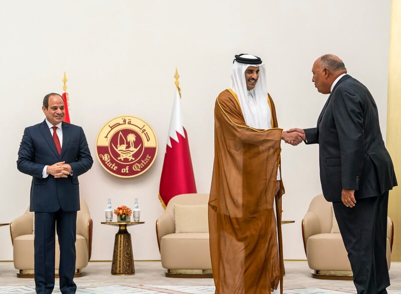 Egyptian Foreign Minister Sameh Shoukry, right, also met  Sheikh Tamim. EPA