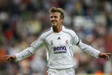 Real Madrid's David Beckham jubilates after his goal during the Spanish league match Real Madrid/ Real sociedad at the Santiago Bernabeu Stadium in Madrid, 17 September 2006.   AFP PHOTO/PHILIPPE DESMAZES (Photo by PHILIPPE DESMAZES / AFP)