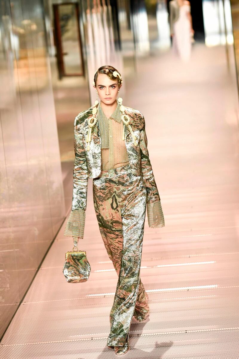 British model Cara Delevingne walks during the Fendi spring / summer 2021 show during Paris Haute Couture Week on January 27. AFP