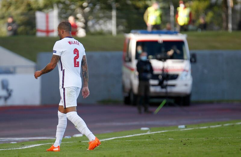 England's Kyle Walker after being sent-off. AP