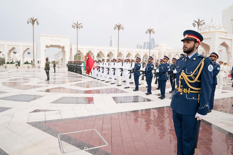 ABU DHABI, UNITED ARAB EMIRATES - March 25, 2019: The UAE Armed Forces Honor Guard participate in a reception for HE Shavkat Mirziyoyev, President of Uzbekistan (not shown), at the Presidential Palace. 

( Mohamed Al Hammadi / Ministry of Presidential Affairs )
---