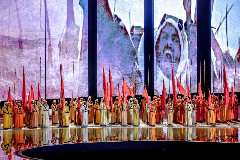 Abu Dhabi, United Arab Emirates, December 2, 2019.  48th UAE National Day at the Zayed Sports City Stadium.
- Laser and light show depicting Emirati Heritage and Legacy.
Victor Besa / The National
Reporter:  Haneen Dajani
Section: NA