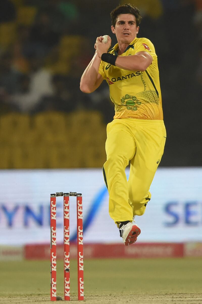 Australia's Sean Abbott in his delivery stride. AFP