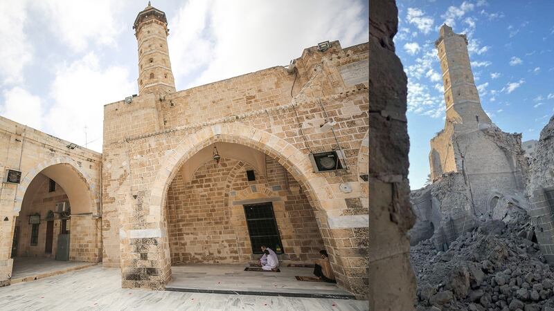 Al Omari Mosque in Gaza city in 2020, left, and in December 2023 with only its minaret still standing