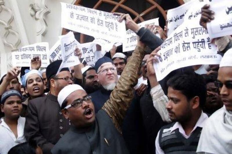 Muslim clerics demand removal of objectionable scenes from the movie Vishwaroopam at a protest in Lucknow.