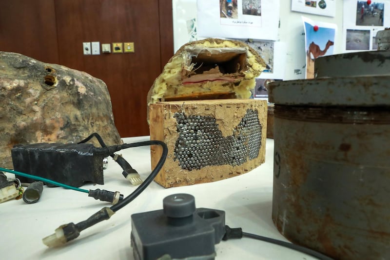 Abu Dhabi, U.A.E., June 19, 2018. Allegedly used Iranian weapons that have been used in Yemen.  I.E.D. or improvised explosive decices on display.  Ball bearings camouflaged inside a fake rock.
Victor Besa / The National
Section:  NA
Requested by:   Jake Badger
