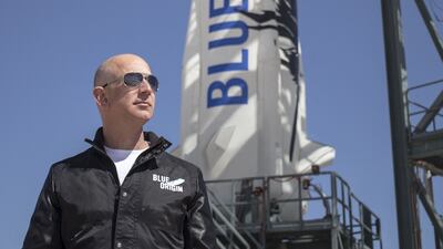 Jeff Bezos, founder of Blue Origin, at New Shepard's West Texas launch facility before the rocket's maiden voyage on April 24, 2015. AFP 