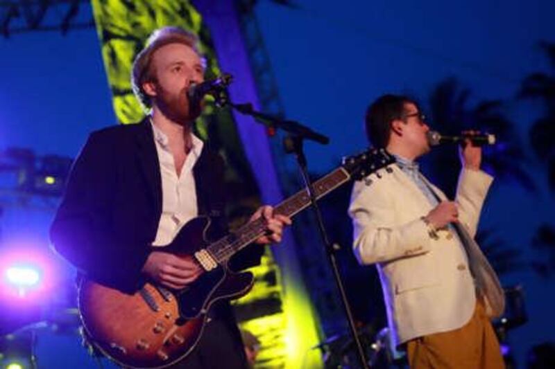 Al Doyle, left, and Alexis Taylor of the band Hot Chip perform at the Coachella festival in California, last moth.