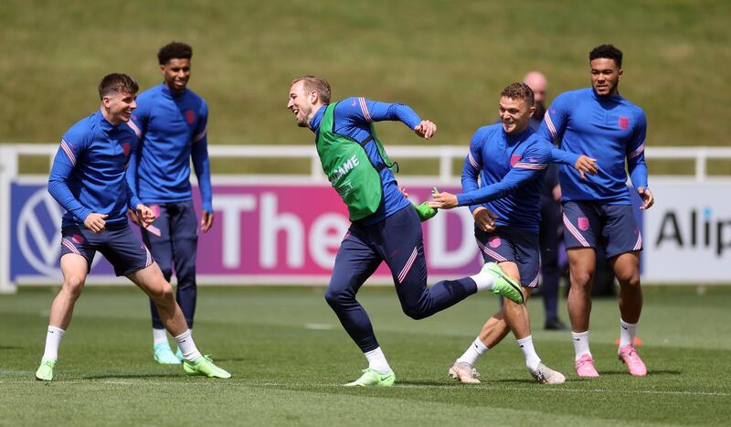 England's Harry Kane with teammates during training. Reuters