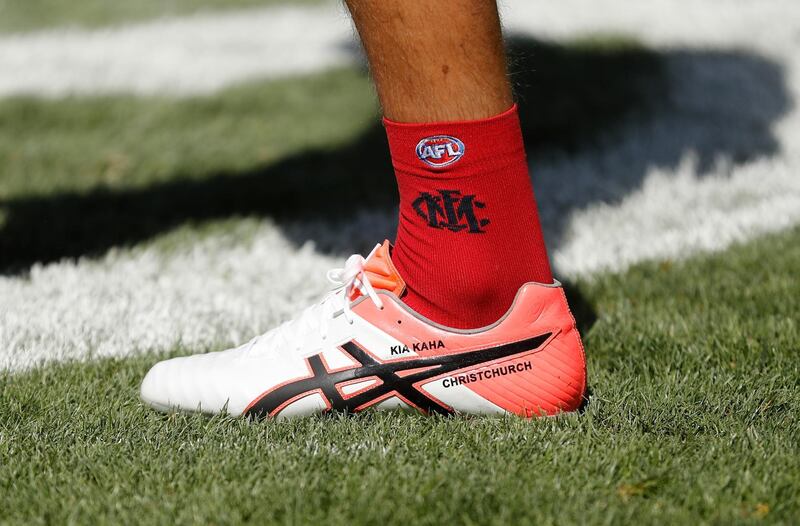Max Gawn of the Demons wear boots in memory of the victims of Christchurch during the 2019 AFL round 01 match between the Melbourne Demons and the Port Adelaide Power. Getty Images