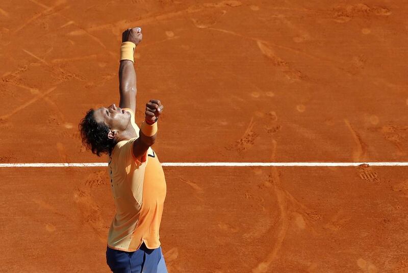 Rafael Nadal of Spain celebrates his win against Andy Murray of Great Britain after their semi final match at the Monte-Carlo Masters tournament in Monaco, 16 April 2016. EPA/SEBASTIEN NOGIER