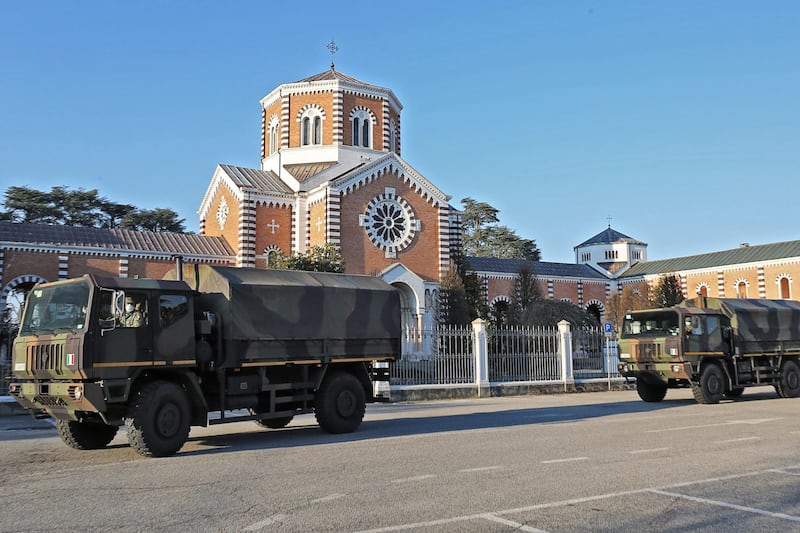 Italian army trucks transport coffins from Bergamo to the crematory of Padova's Cemetery, Italy, EPA