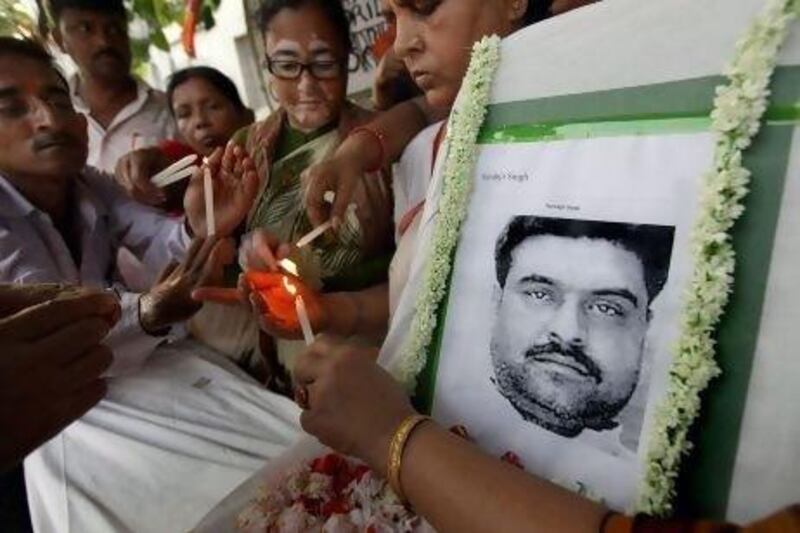 Bharatiya Janata Party (BJP) activists pay tribute to Indian prisoner Sarabjit Singh, accused of spying and involvement in the 1990 bomb attacks in Lahore and Faisalabad in which 14 people died, who died of inflicted wounds by other prisoners in May 2013.