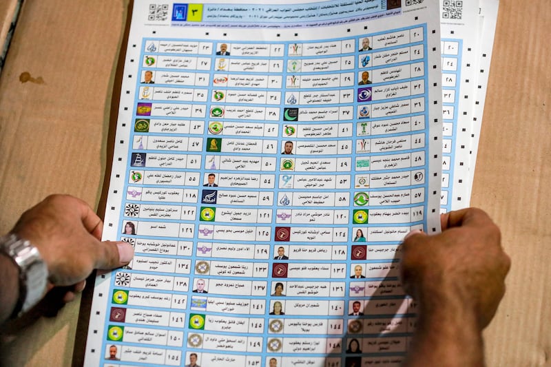 Iraqi election officials check data at a polling station in Baghdad. AFP