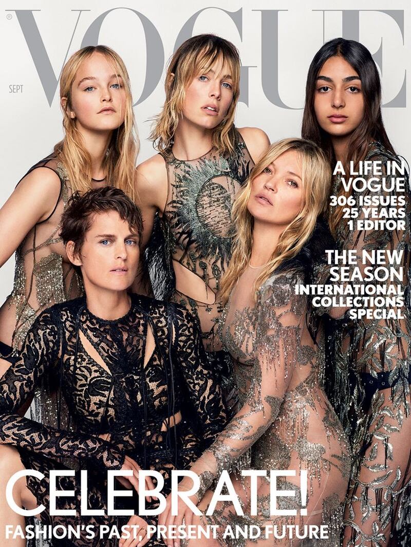 Nora Attal, top right, Edie Campbell, centre, Jean Campbell, top left, Kate Moss, bottom right, and Stella Tennant on the cover of the September 2017 issue of 'British Vogue'. Photo: Vogue