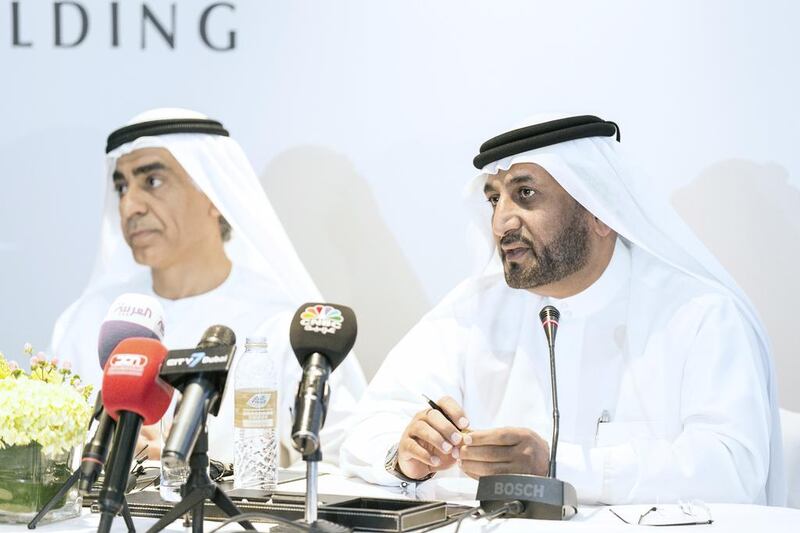 Abdullatif AlMulla, right, Group chief executive of Dubai Properties Group, with Fadel Al Ali, chief executive of Dubai Holding, during the announcement of the project on Tuesday, May 24. Reem Mohammed / The National